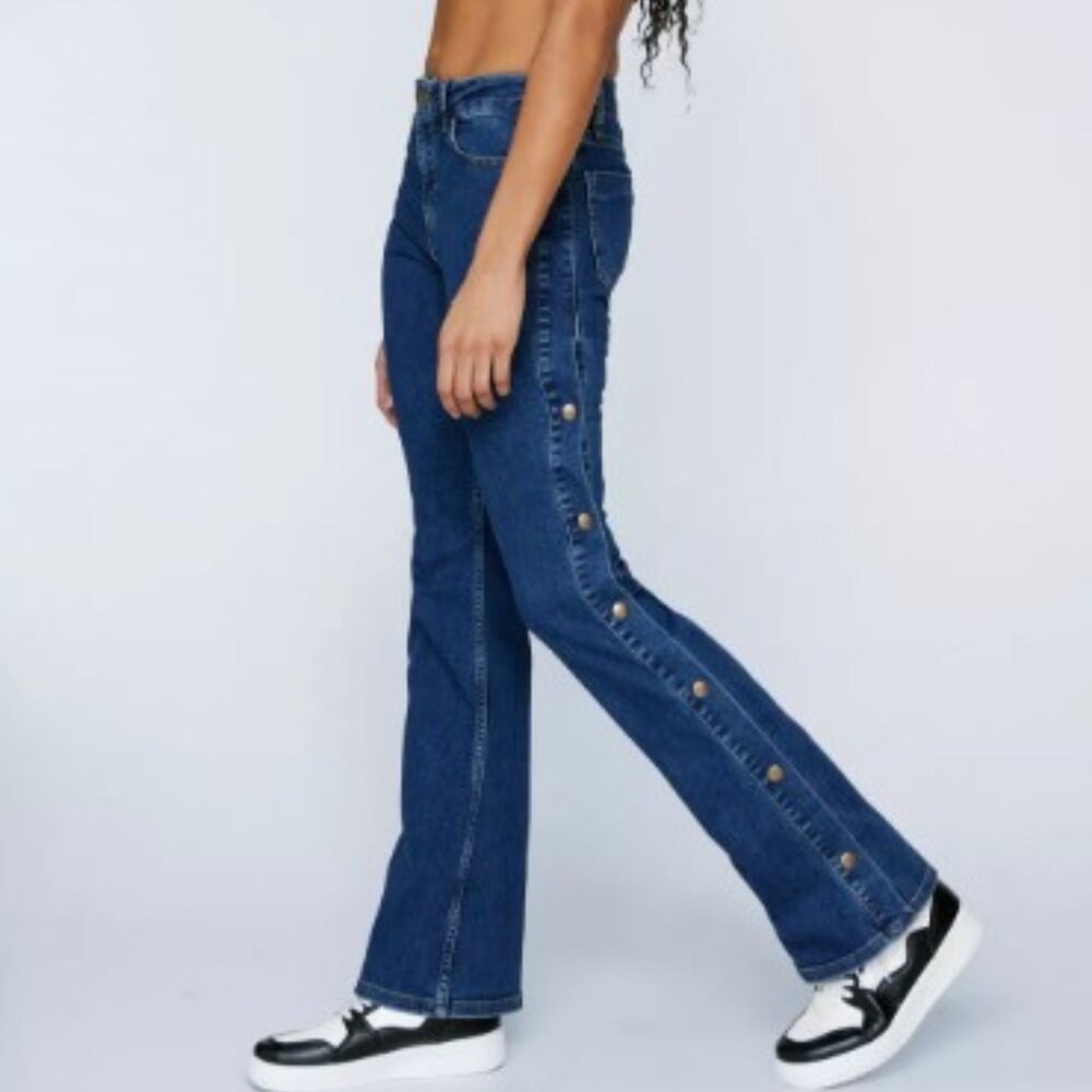 New NASTY GAL Size 4 Washed Black Popper Side Seam Stretch Denim‎ Flare Jeans